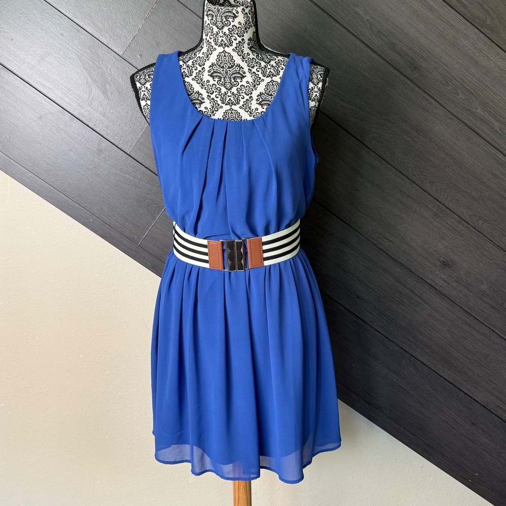 IZ Byer Women's Royal Blue Sleeveless Belted Fit & Flare Dress Medium NWT Y2K